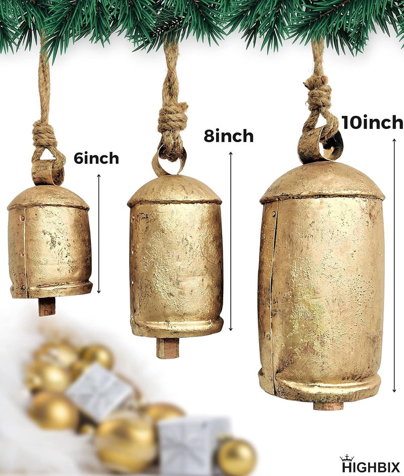HIGHBIX Set of 3 Giant Harmony Cow Bells Huge Vintage Shabby Chic Handmade Rustic Lucky Christmas Hanging XL Bells On Rope Country Rustic (Extra Large) - Image 2